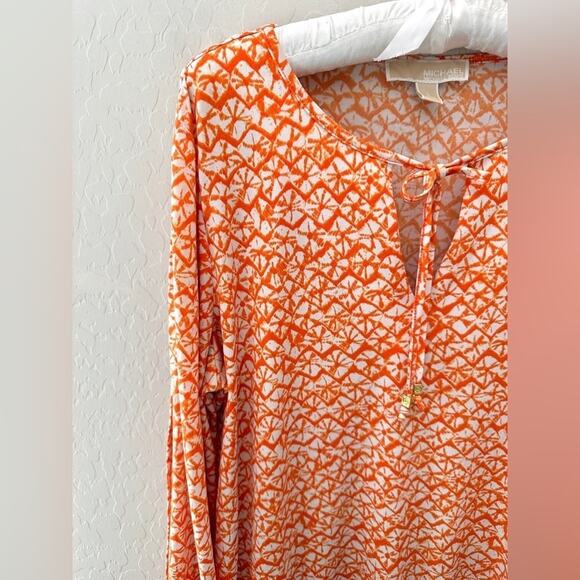 MICHAEL KORS | Shell Print Orange Stretch Knit Split Long Sleeve Blouse | Large - Picture 3 of 7